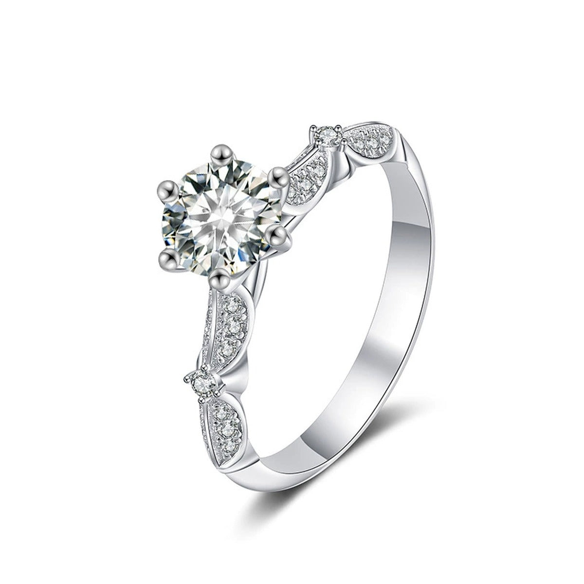 Leaf Accent Round Moissanite Engagement Ring with CZ in white gold-plated S925 sterling silver on clean white background