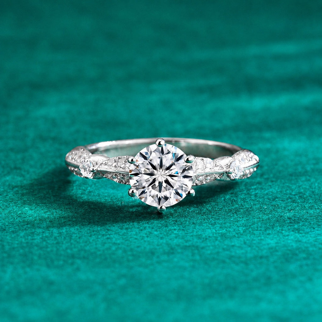 Leaf Accent Round Moissanite Engagement Ring with CZ product view showing moissanite setting and metal finish