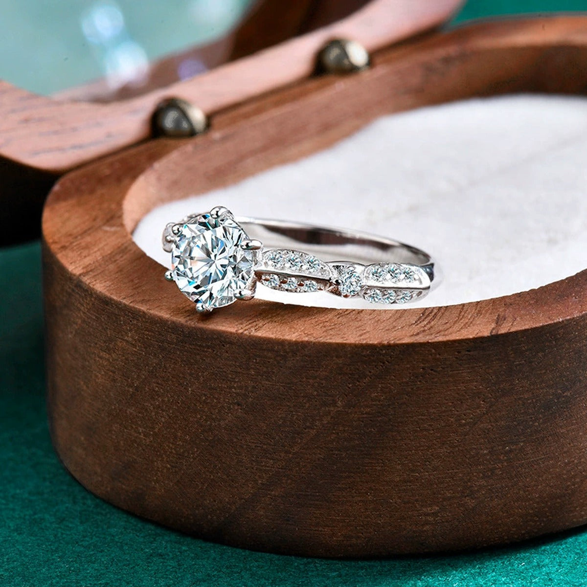 Leaf Accent Round Moissanite Engagement Ring with CZ detailed product photo showing ring shape and stone setting