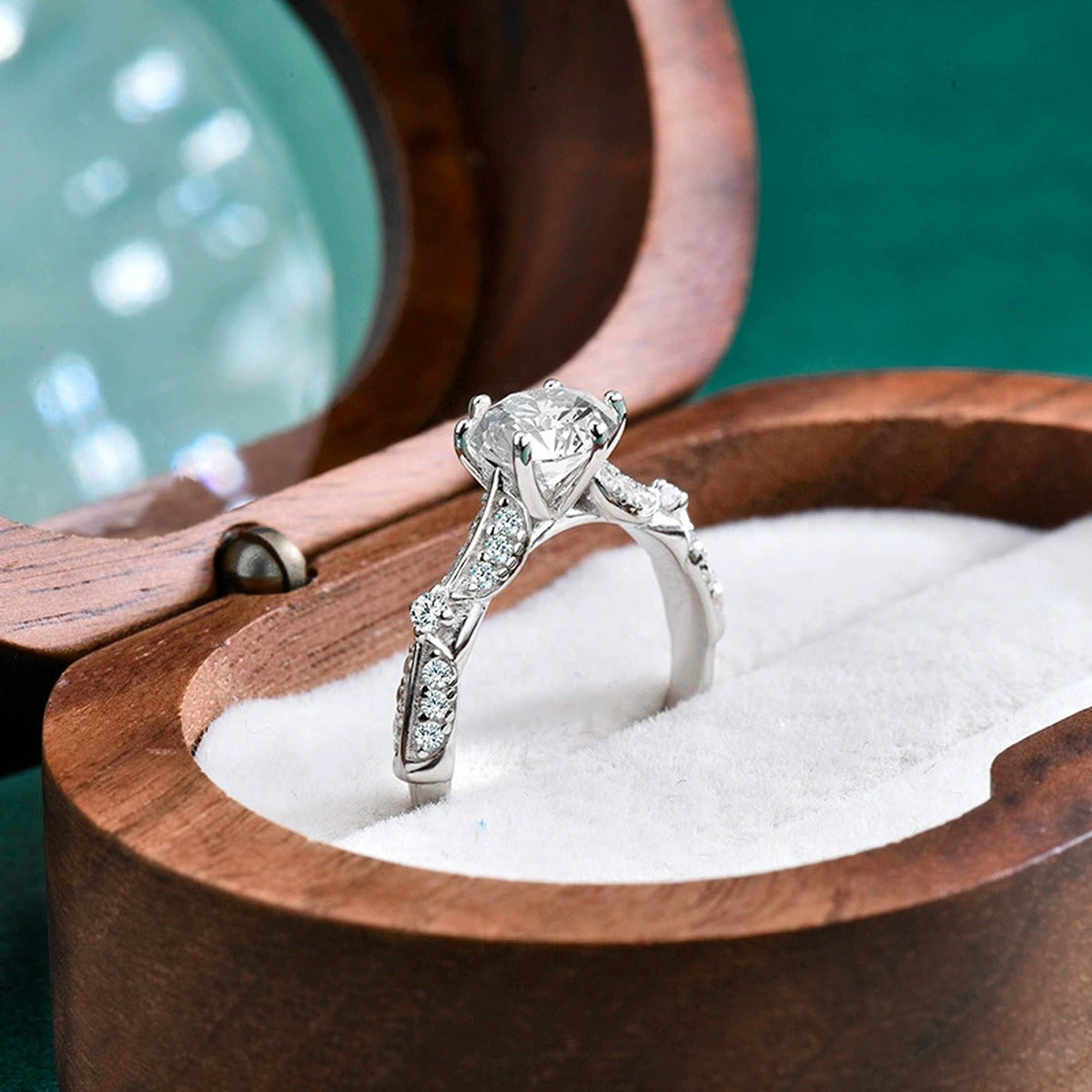 Leaf Accent Round Moissanite Engagement Ring with CZ detailed product photo showing ring shape and stone setting