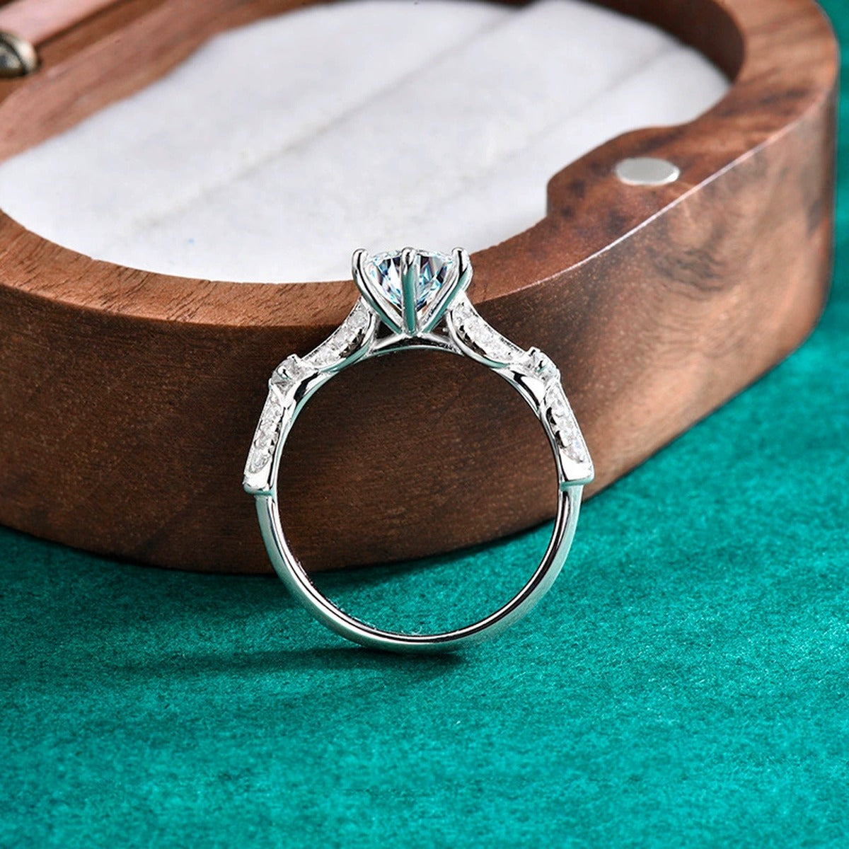 Leaf Accent Round Moissanite Engagement Ring with CZ product view showing moissanite setting and metal finish