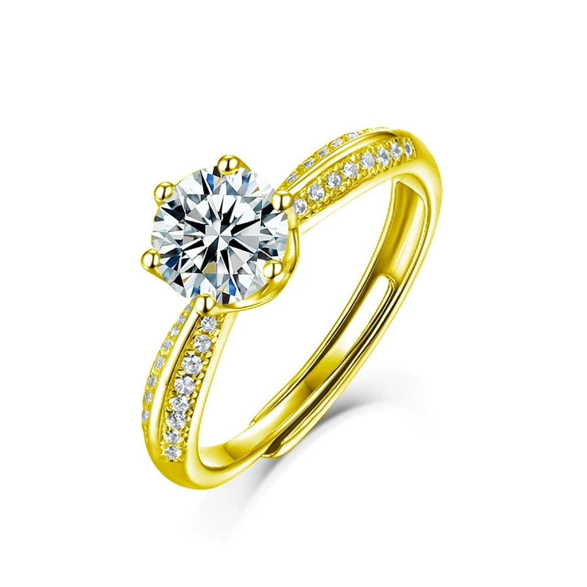 Six-Prong Round Moissanite Adjustable Engagement Ring with CZ in gold-plated S925 sterling silver on clean white background
