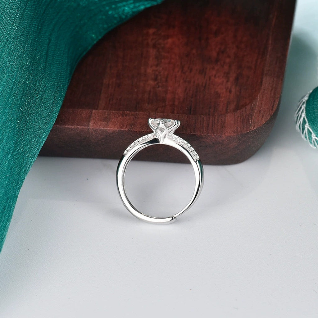 Six-Prong Round Moissanite Adjustable Engagement Ring with CZ detailed product photo showing ring shape and stone setting