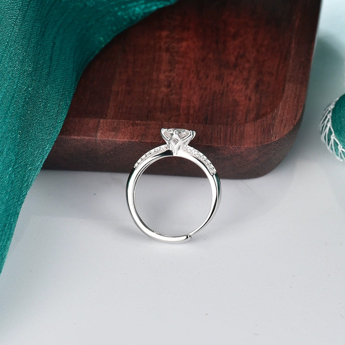 Six-Prong Round Moissanite Adjustable Engagement Ring with CZ detailed product photo showing ring shape and stone setting