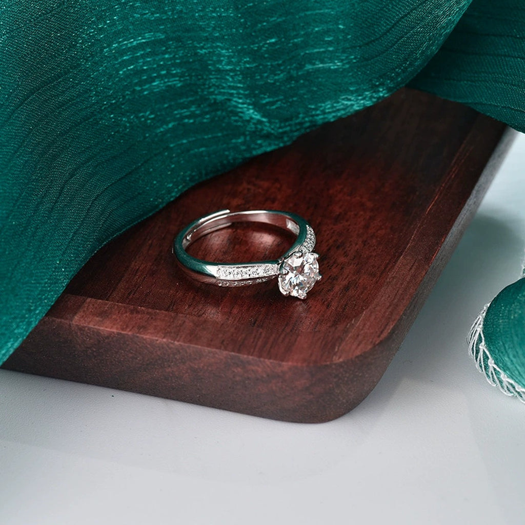 Six-Prong Round Moissanite Adjustable Engagement Ring with CZ detailed product photo showing ring shape and stone setting