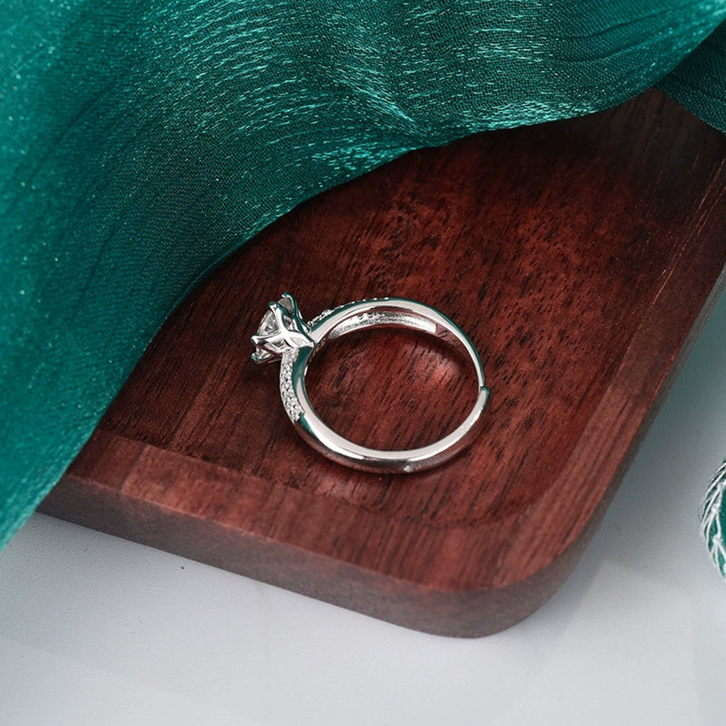 Six-Prong Round Moissanite Adjustable Engagement Ring with CZ detailed product photo showing ring shape and stone setting
