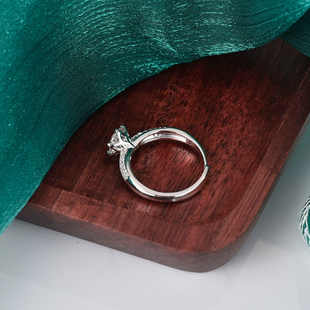 Six-Prong Round Moissanite Adjustable Engagement Ring with CZ detailed product photo showing ring shape and stone setting