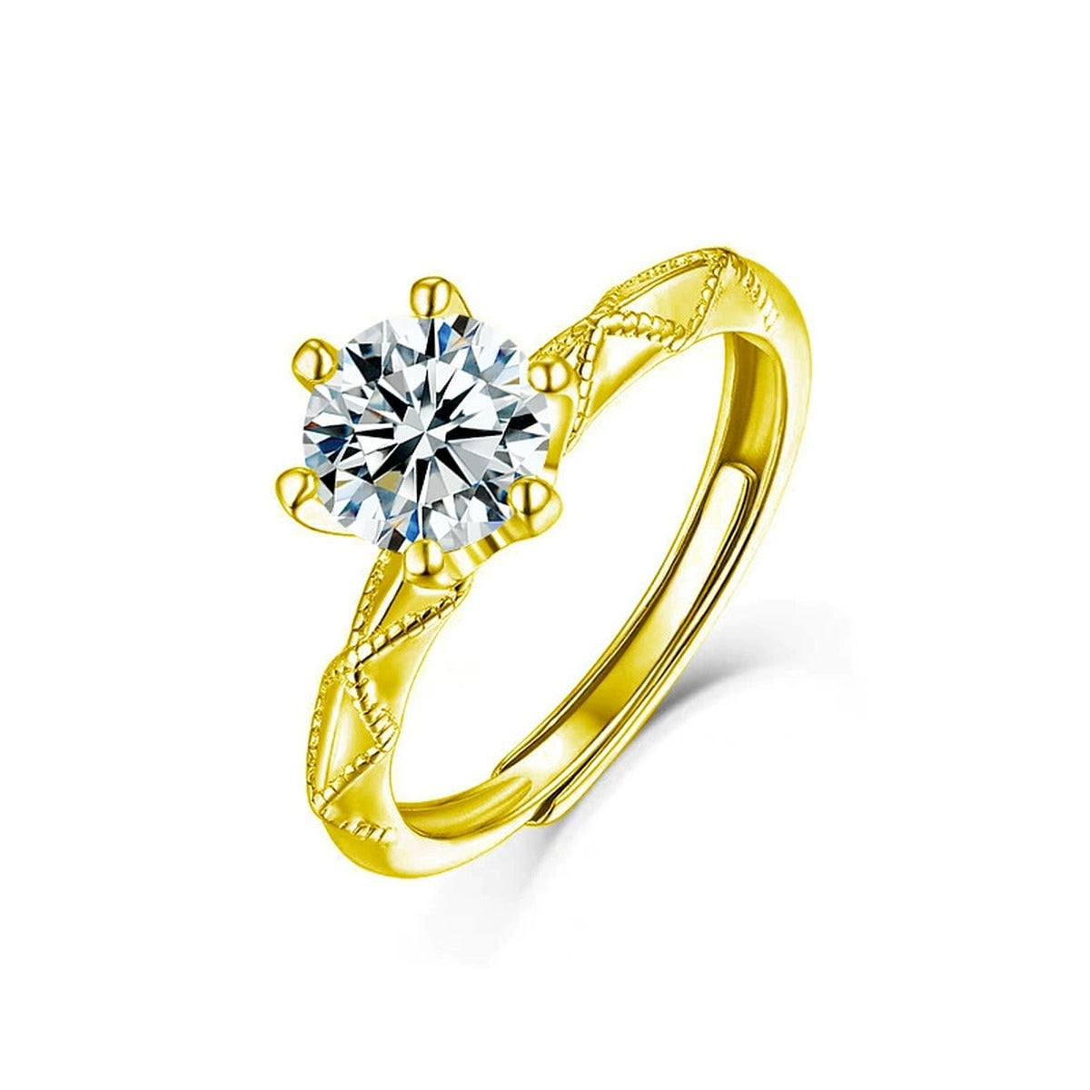 Six-Prong Round Moissanite Adjustable Engagement Ring in gold-plated S925 sterling silver on clean white background