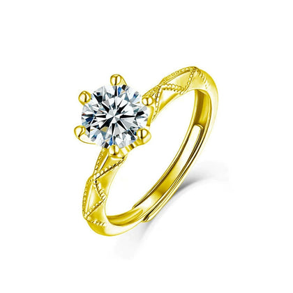 Six-Prong Round Moissanite Adjustable Engagement Ring in gold-plated S925 sterling silver on clean white background