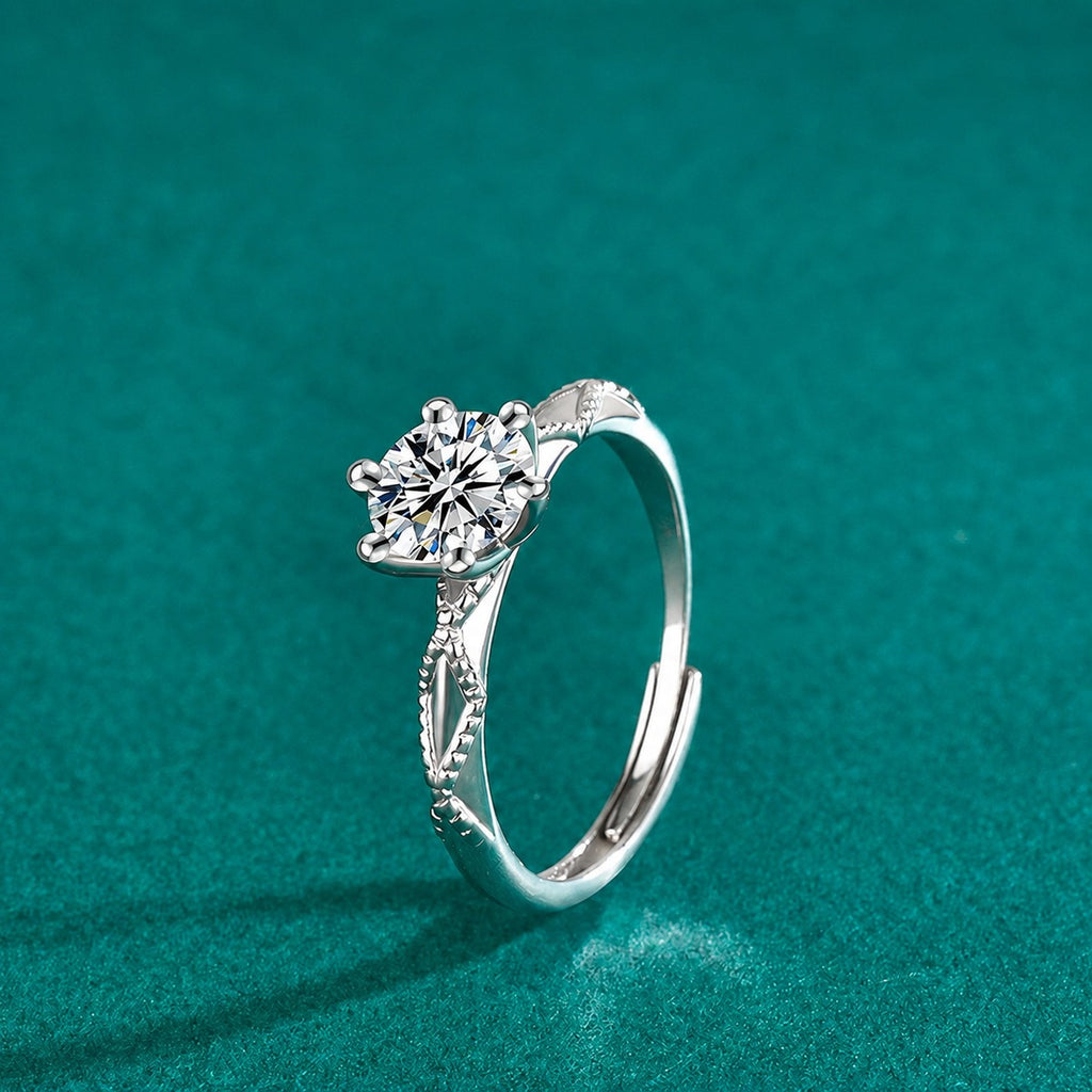Six-Prong Round Moissanite Adjustable Engagement Ring close-up detail view with moissanite sparkle