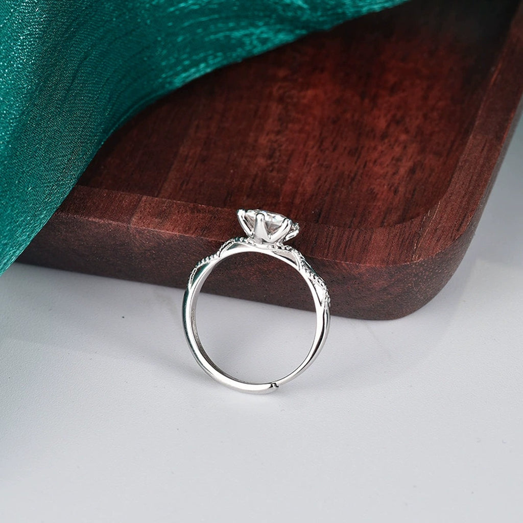 Six-Prong Round Moissanite Adjustable Engagement Ring detailed product photo showing ring shape and stone setting