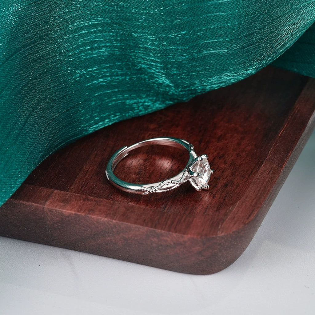 Six-Prong Round Moissanite Adjustable Engagement Ring detailed product photo showing ring shape and stone setting