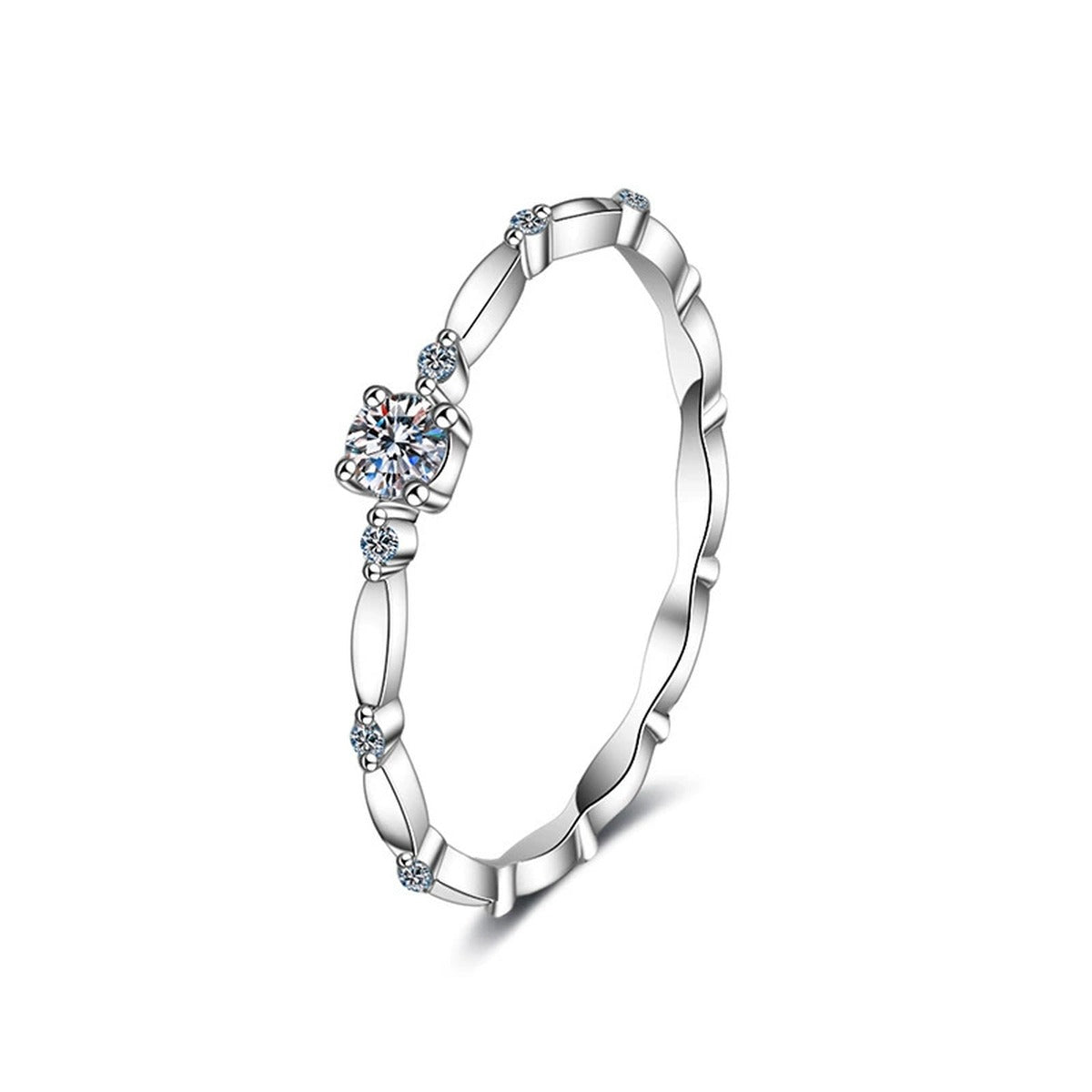 Vine Round Moissanite Wedding Band with CZ in white gold-plated S925 sterling silver on clean white background