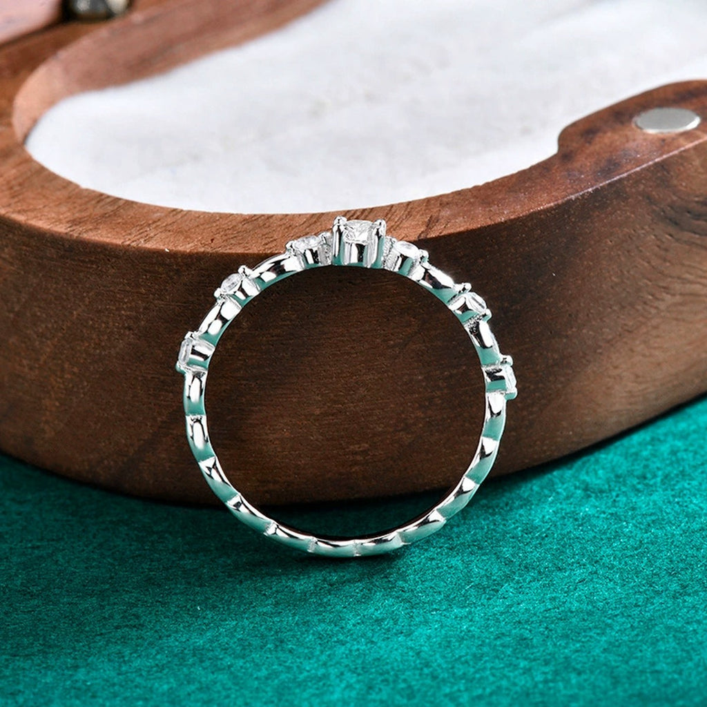 Vine Round Moissanite Wedding Band with CZ detailed product photo showing ring shape and stone setting