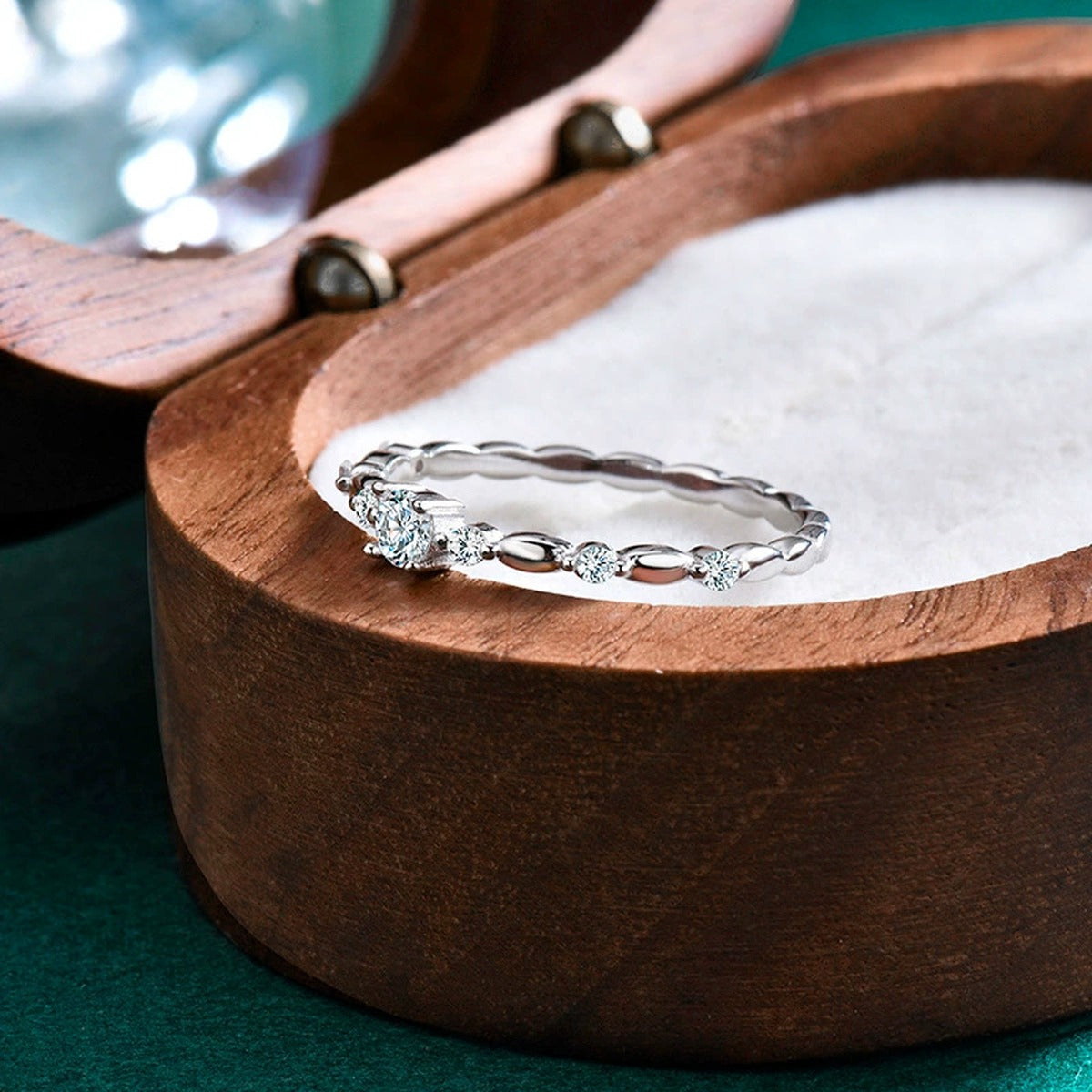 Vine Round Moissanite Wedding Band with CZ detailed product photo showing ring shape and stone setting