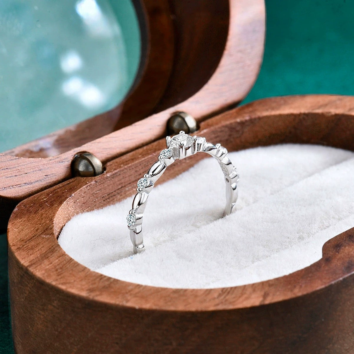 Vine Round Moissanite Wedding Band with CZ detailed product photo showing ring shape and stone setting