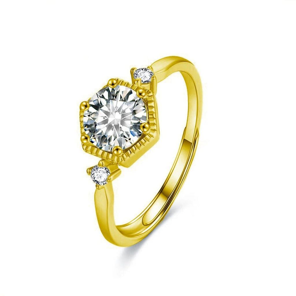 Hexagon Halo Round Moissanite Adjustable Engagement Ring with CZ in gold-plated S925 sterling silver on clean white background