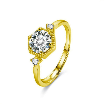 Hexagon Halo Round Moissanite Adjustable Engagement Ring with CZ in gold-plated S925 sterling silver on clean white background