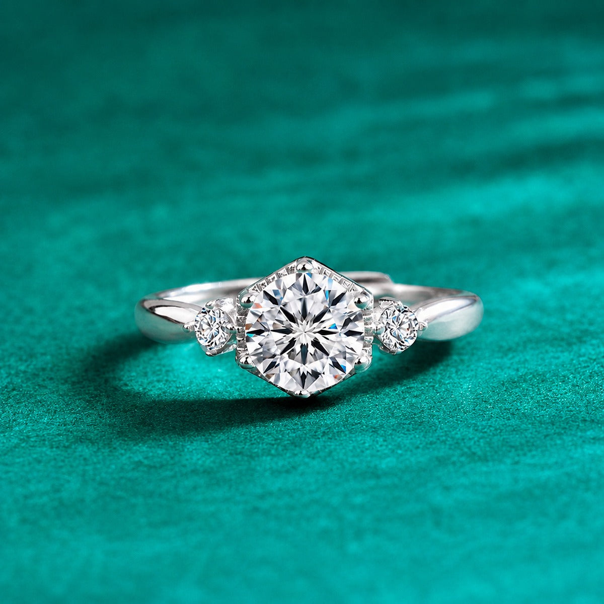 Hexagon Halo Round Moissanite Adjustable Engagement Ring with CZ product view showing moissanite setting and metal finish