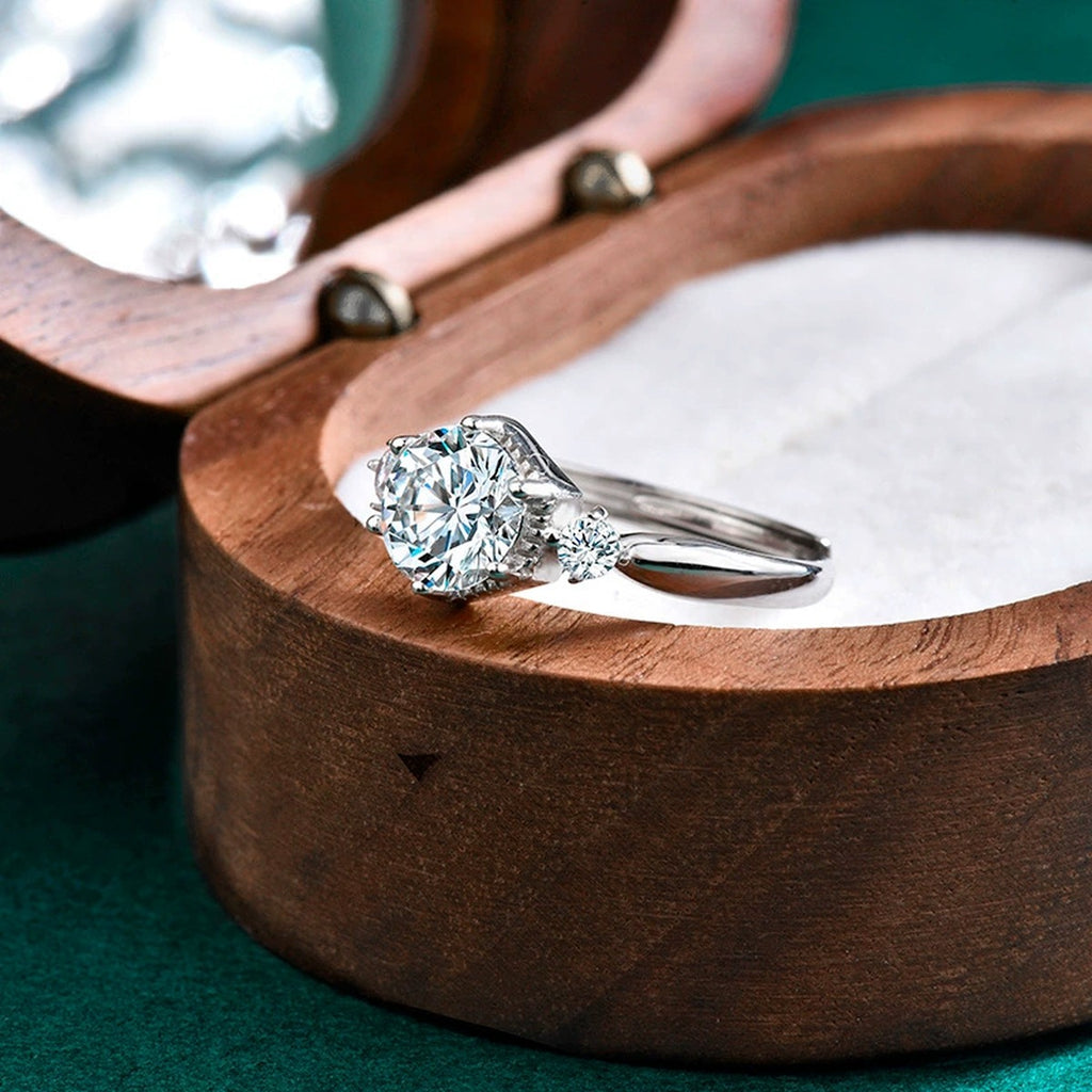 Hexagon Halo Round Moissanite Adjustable Engagement Ring with CZ detailed product photo showing ring shape and stone setting