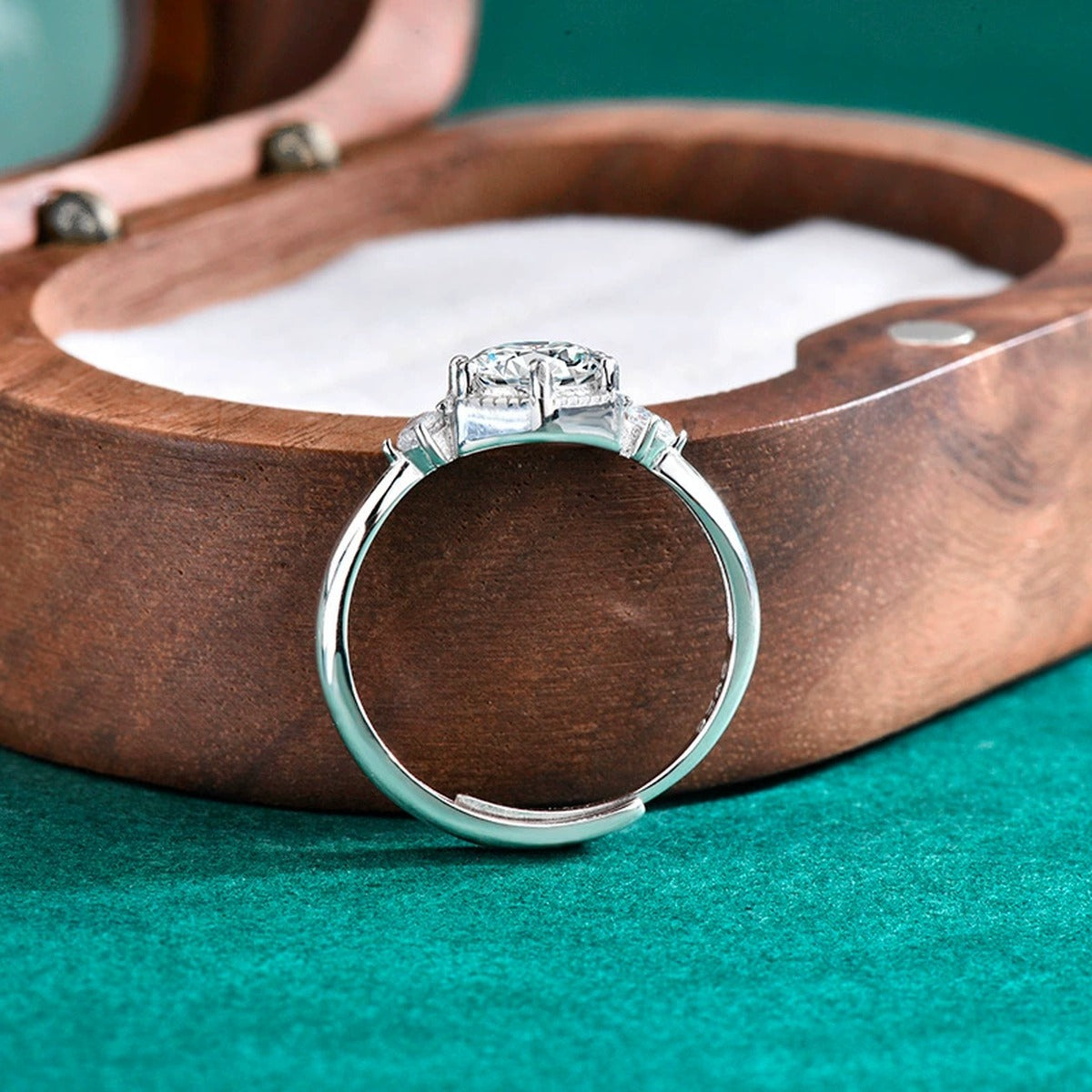 Hexagon Halo Round Moissanite Adjustable Engagement Ring with CZ detailed product photo showing ring shape and stone setting