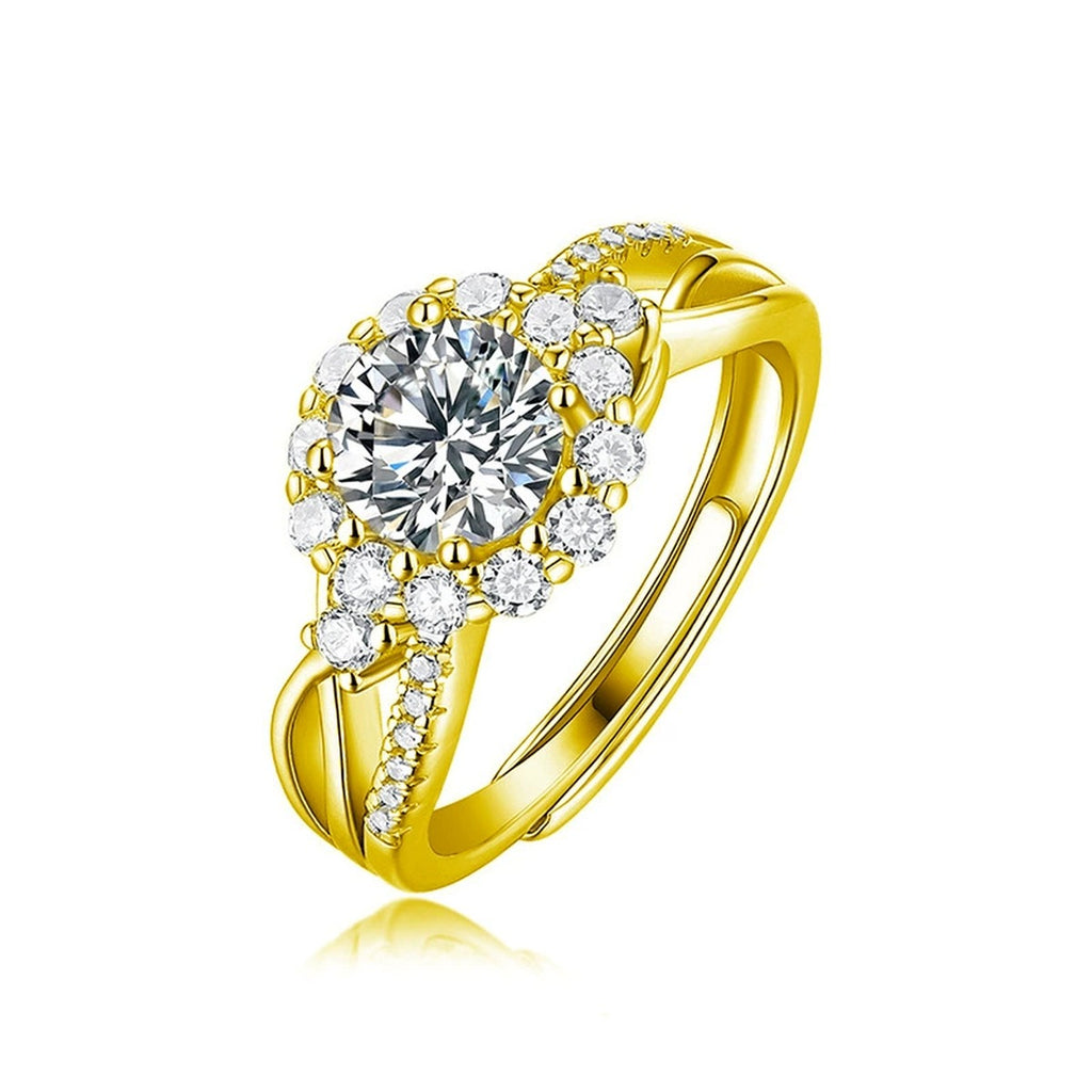 Floral Halo Round Moissanite Adjustable Engagement Ring with CZ in gold-plated S925 sterling silver on clean white background