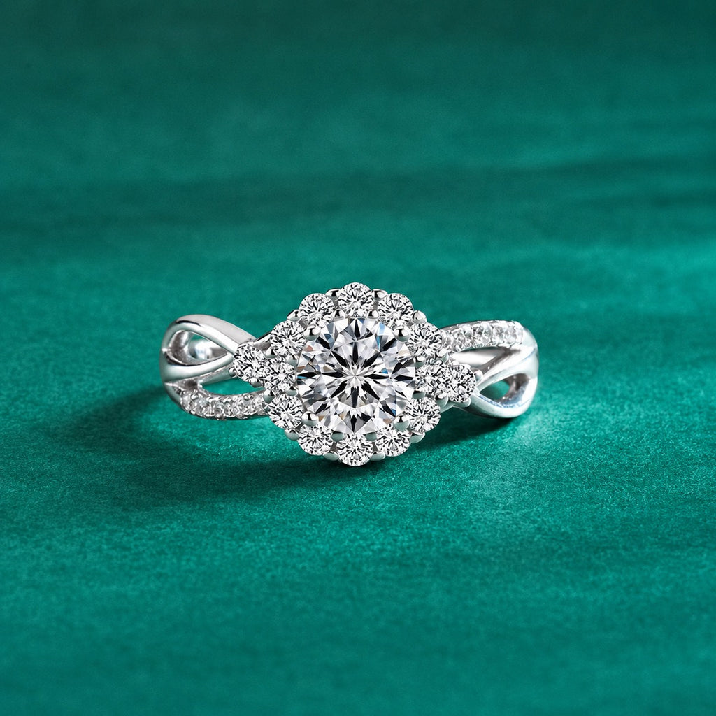 Floral Halo Round Moissanite Adjustable Engagement Ring with CZ product view showing moissanite setting and metal finish