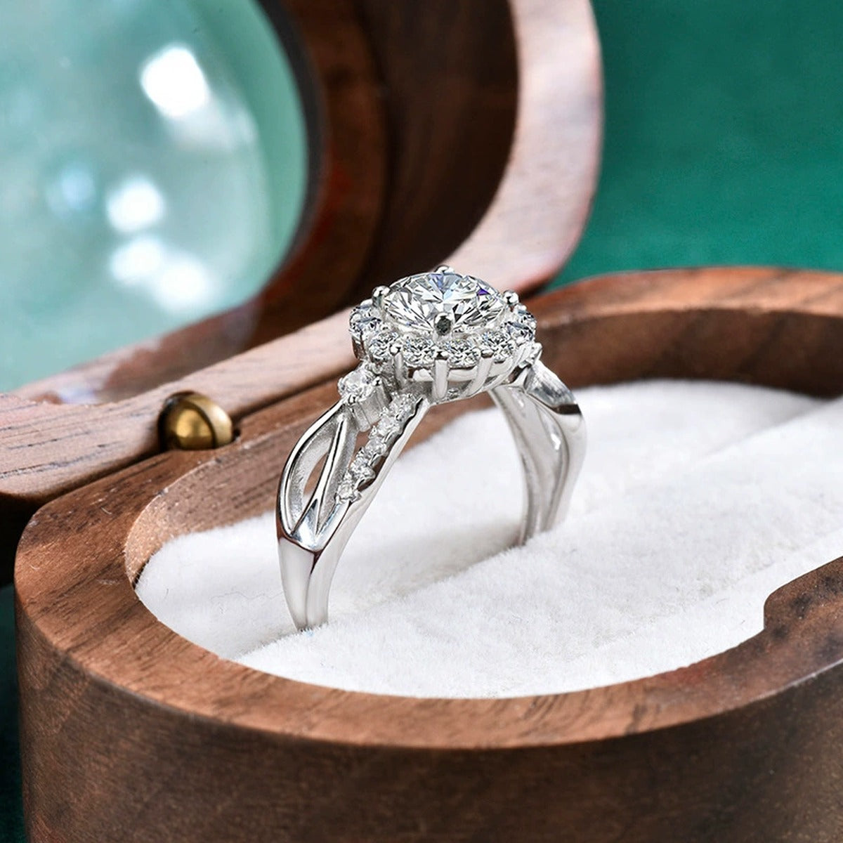 Floral Halo Round Moissanite Adjustable Engagement Ring with CZ detailed product photo showing ring shape and stone setting