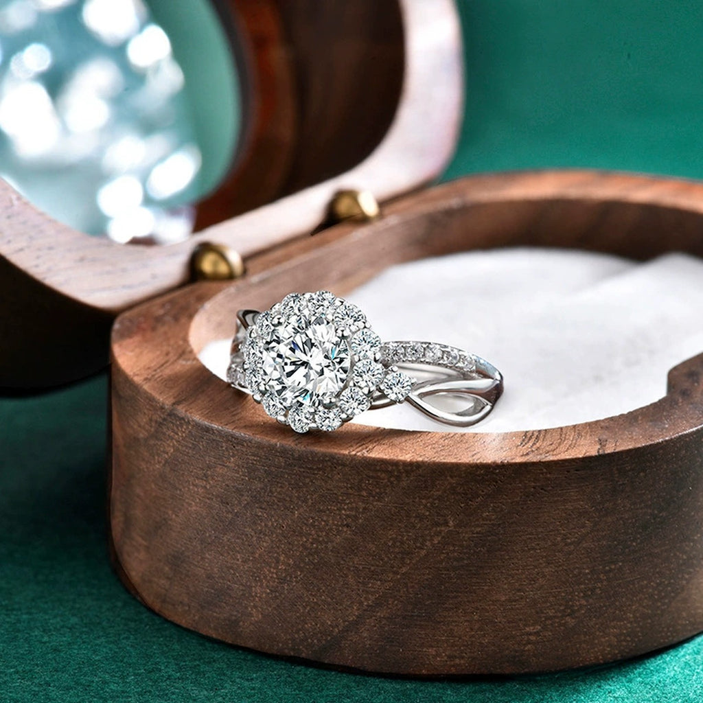 Floral Halo Round Moissanite Adjustable Engagement Ring with CZ detailed product photo showing ring shape and stone setting