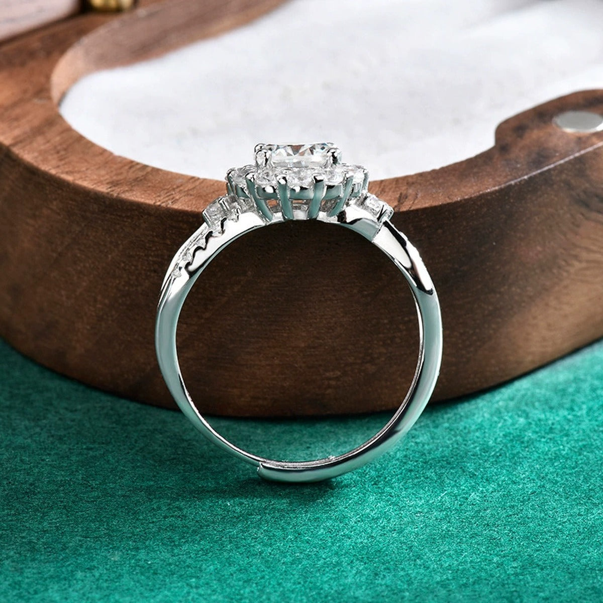 Floral Halo Round Moissanite Adjustable Engagement Ring with CZ detailed product photo showing ring shape and stone setting