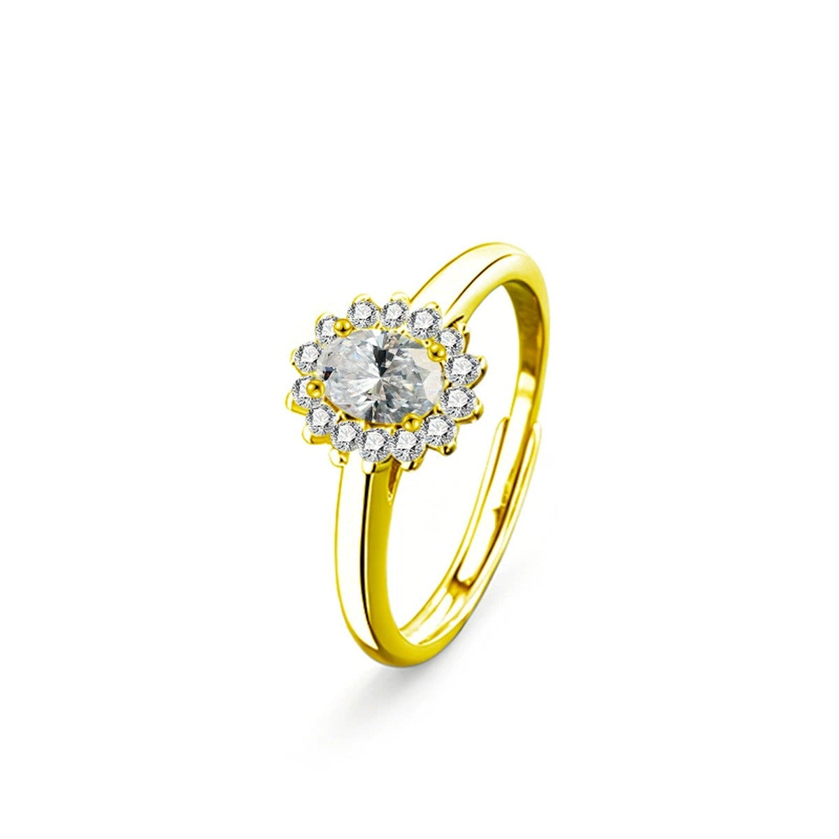 Oval Cut Floral Halo Moissanite Engagement Ring with CZ in gold-plated S925 sterling silver on clean white background