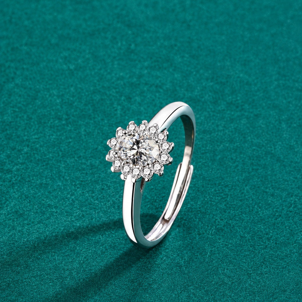 Oval Cut Floral Halo Moissanite Engagement Ring with CZ detailed product photo showing ring shape and stone setting
