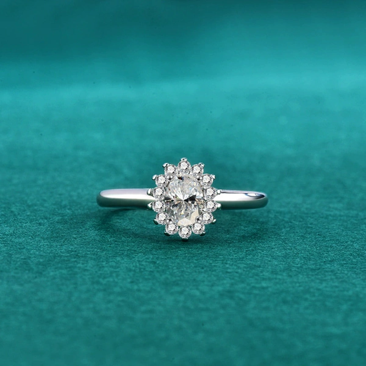 Oval Cut Floral Halo Moissanite Engagement Ring with CZ detailed product photo showing ring shape and stone setting