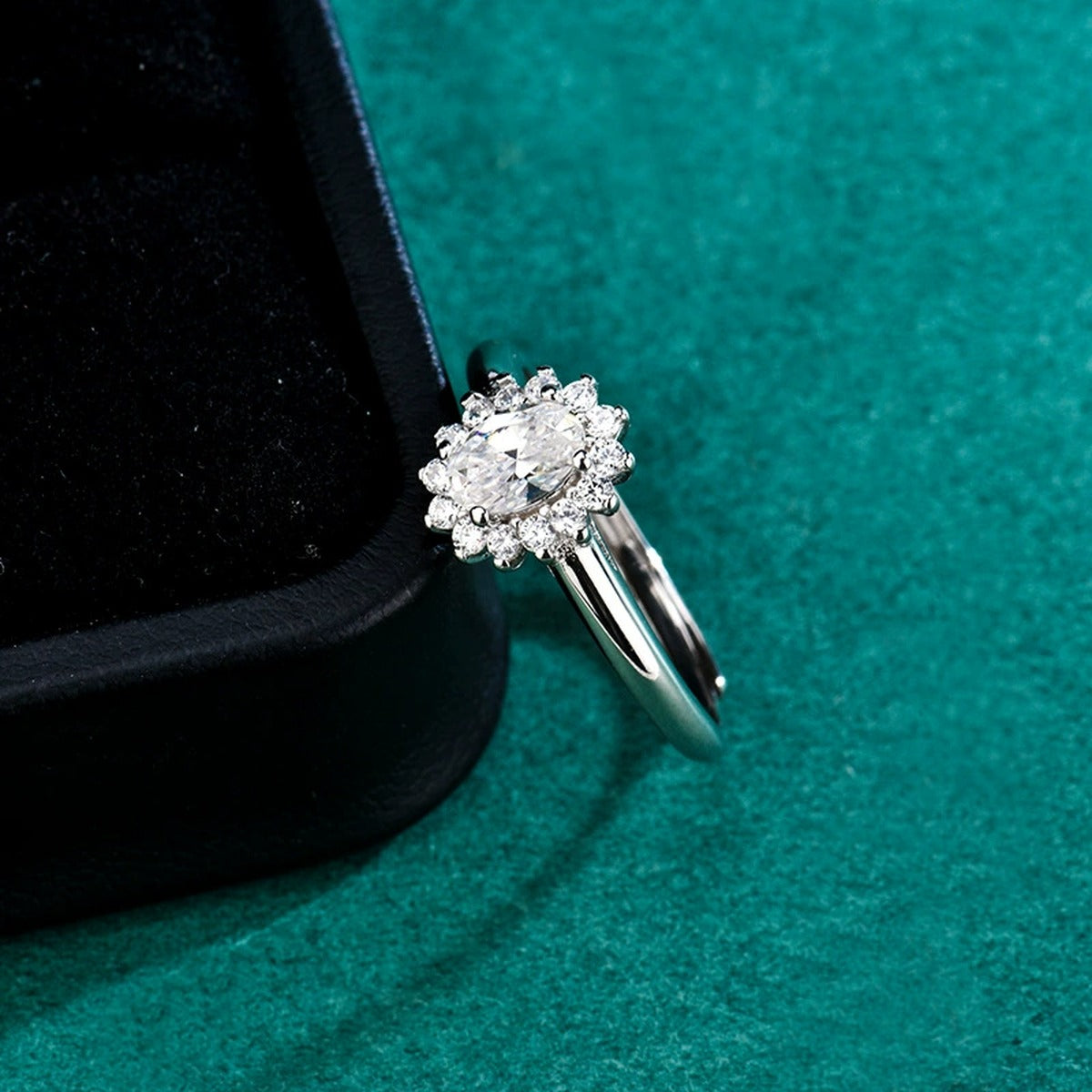 Oval Cut Floral Halo Moissanite Engagement Ring with CZ close-up detail view with moissanite sparkle
