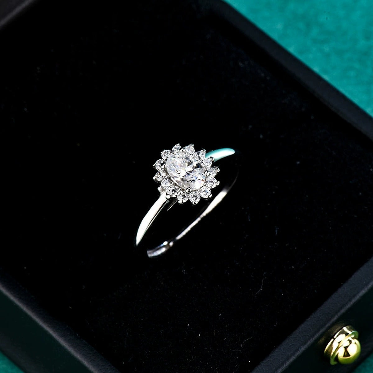 Oval Cut Floral Halo Moissanite Engagement Ring with CZ close-up detail view with moissanite sparkle