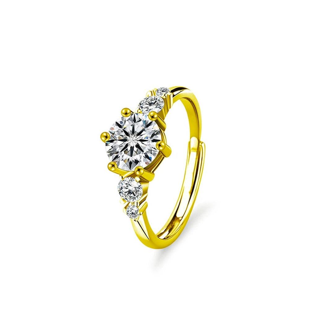 Three-Stone Round Moissanite Engagement Ring with CZ in gold-plated S925 sterling silver on clean white background