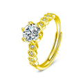 Six-Prong Round Moissanite Adjustable Engagement Ring with CZ in gold-plated S925 sterling silver on clean white background