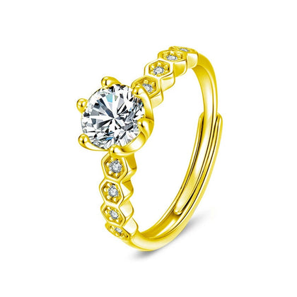 Six-Prong Round Moissanite Adjustable Engagement Ring with CZ in gold-plated S925 sterling silver on clean white background