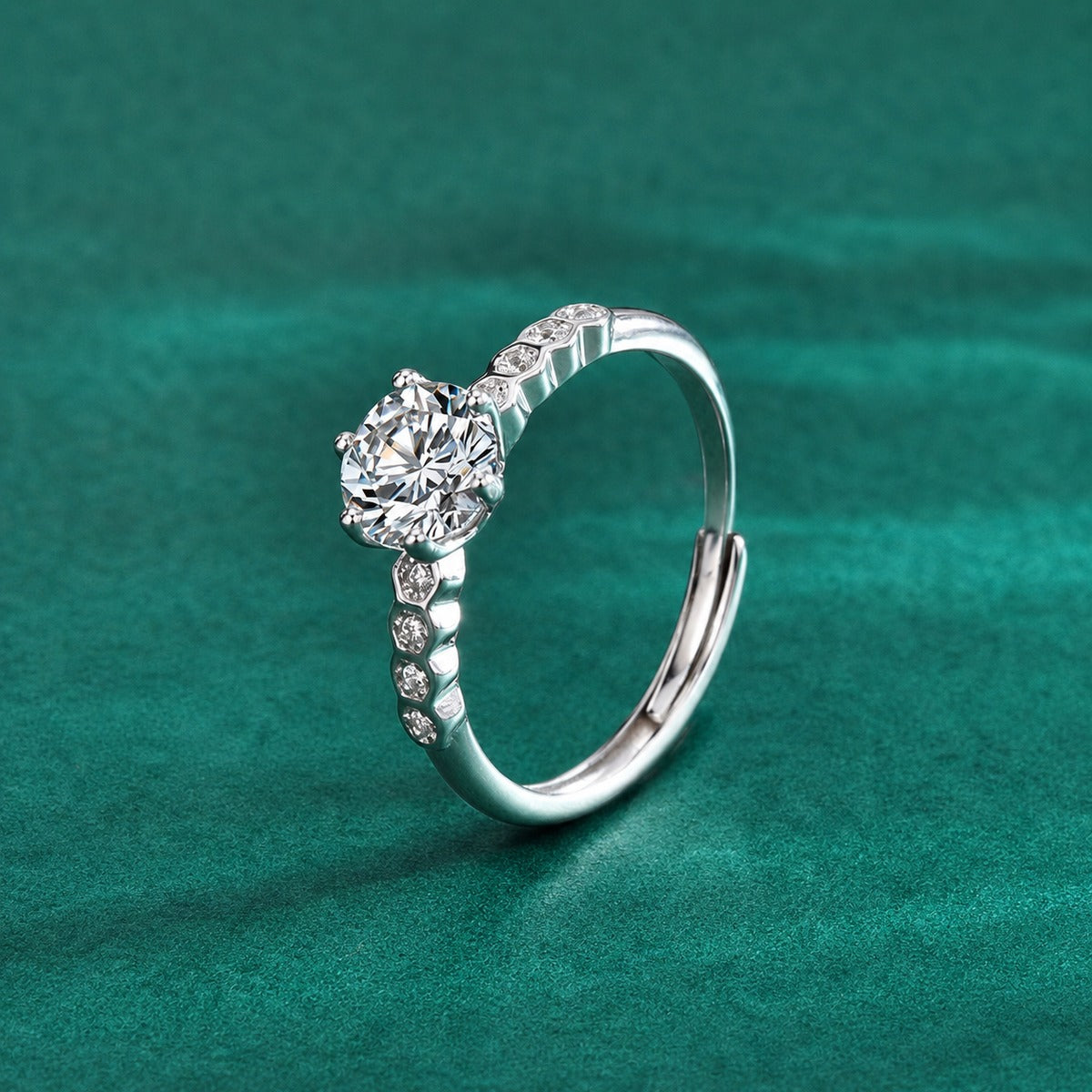 Six-Prong Round Moissanite Adjustable Engagement Ring with CZ product view showing moissanite setting and metal finish