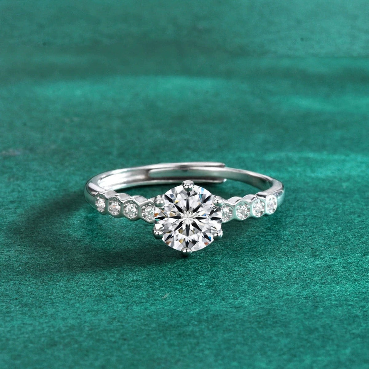 Six-Prong Round Moissanite Adjustable Engagement Ring with CZ product view showing moissanite setting and metal finish