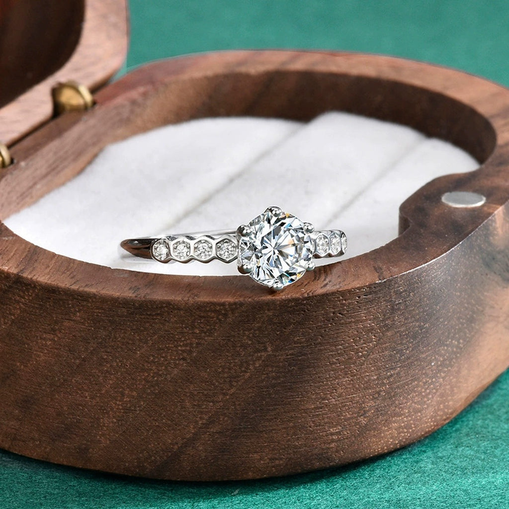Six-Prong Round Moissanite Adjustable Engagement Ring with CZ detailed product photo showing ring shape and stone setting