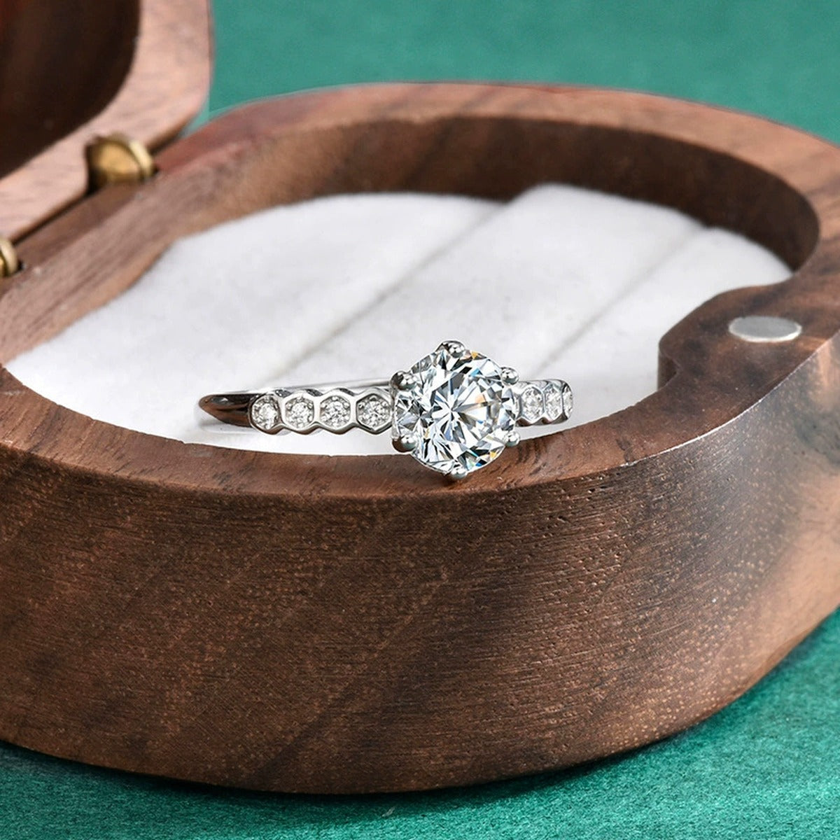 Six-Prong Round Moissanite Adjustable Engagement Ring with CZ detailed product photo showing ring shape and stone setting