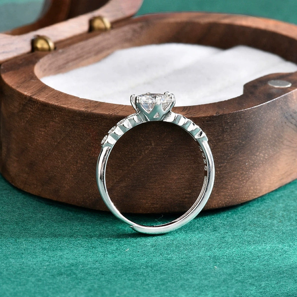 Six-Prong Round Moissanite Adjustable Engagement Ring with CZ detailed product photo showing ring shape and stone setting