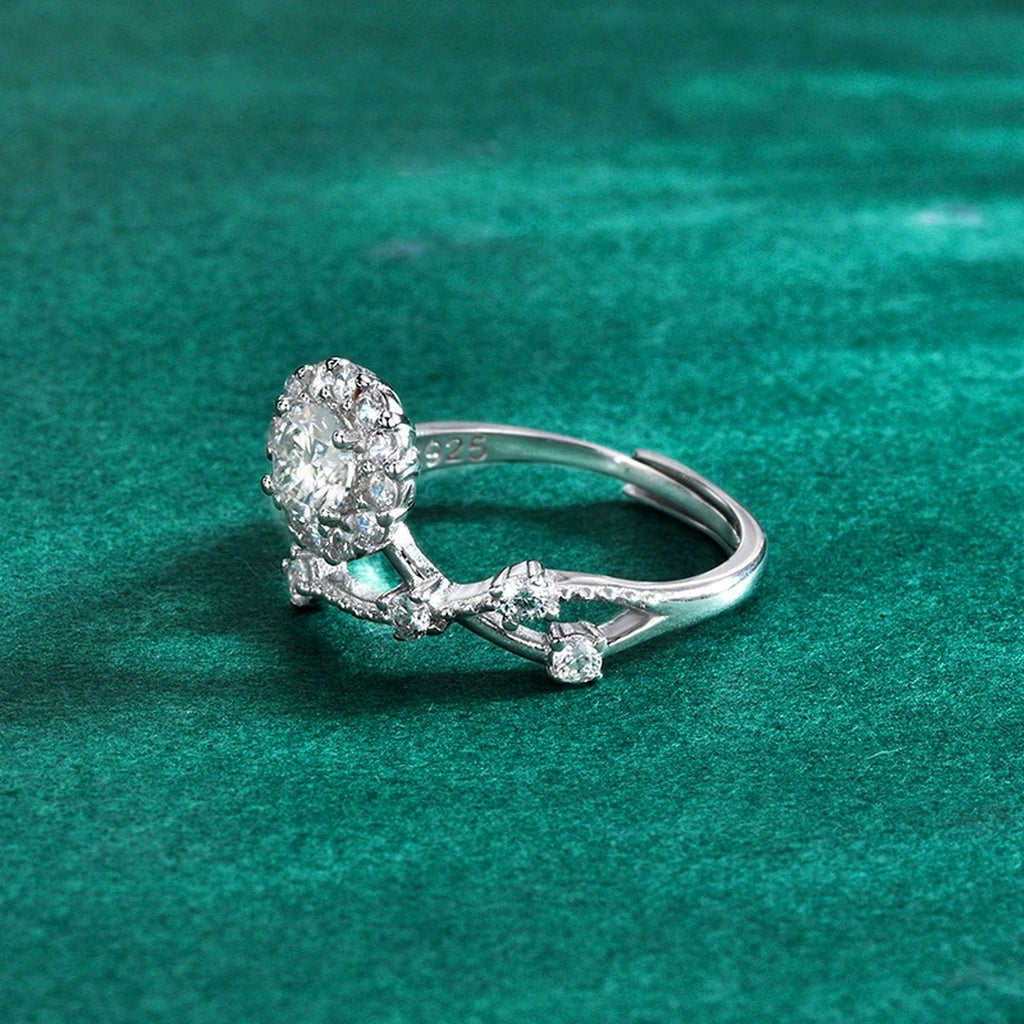 Halo Round Moissanite Adjustable Ring Set with CZ product view showing moissanite setting and metal finish