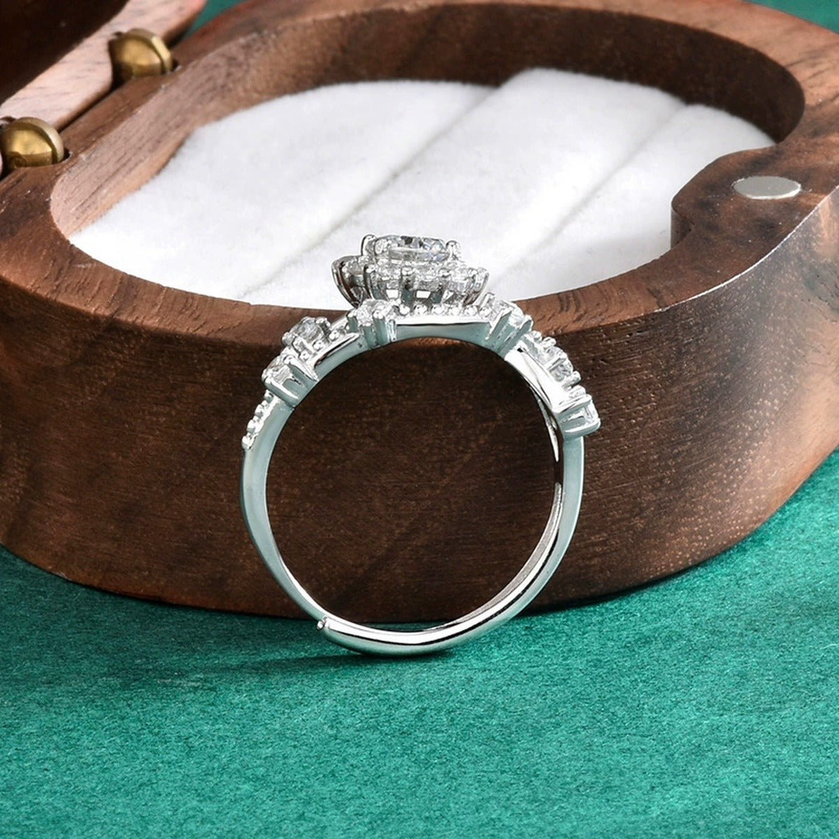 Halo Round Moissanite Adjustable Ring Set with CZ detailed product photo showing ring shape and stone setting