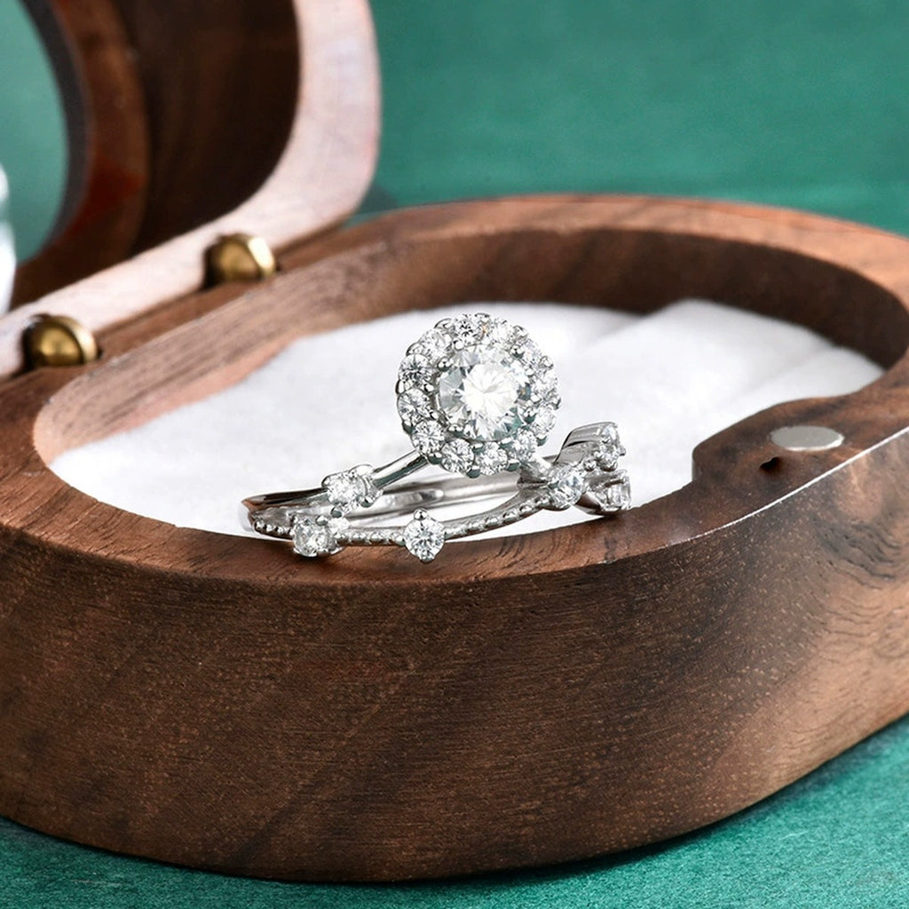 Halo Round Moissanite Adjustable Ring Set with CZ detailed product photo showing ring shape and stone setting