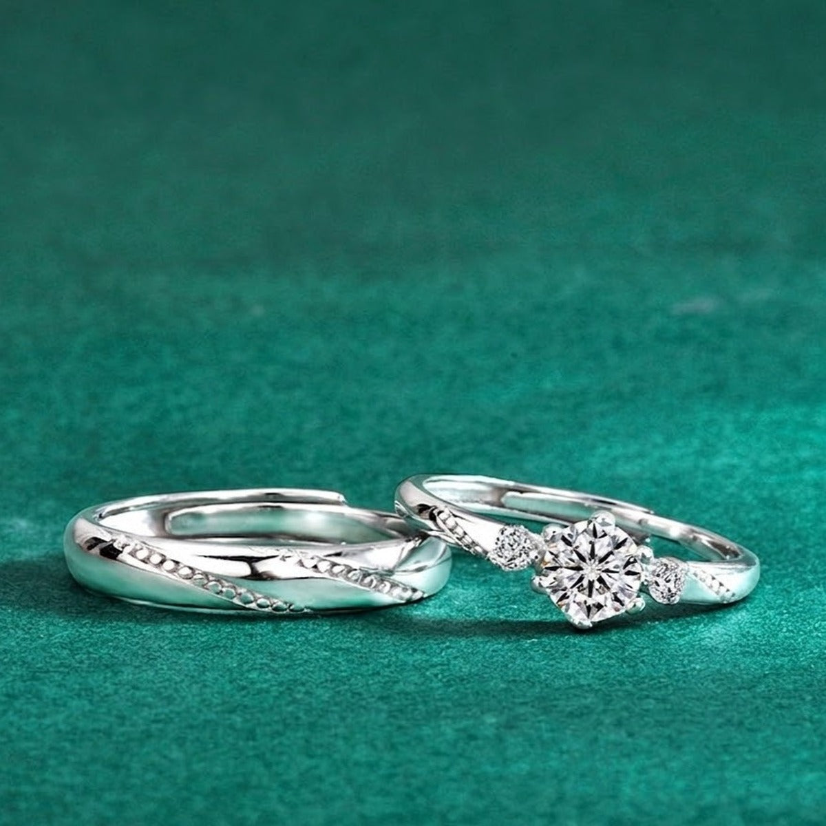 Round Moissanite Couples Wedding Rings product view showing moissanite setting and metal finish