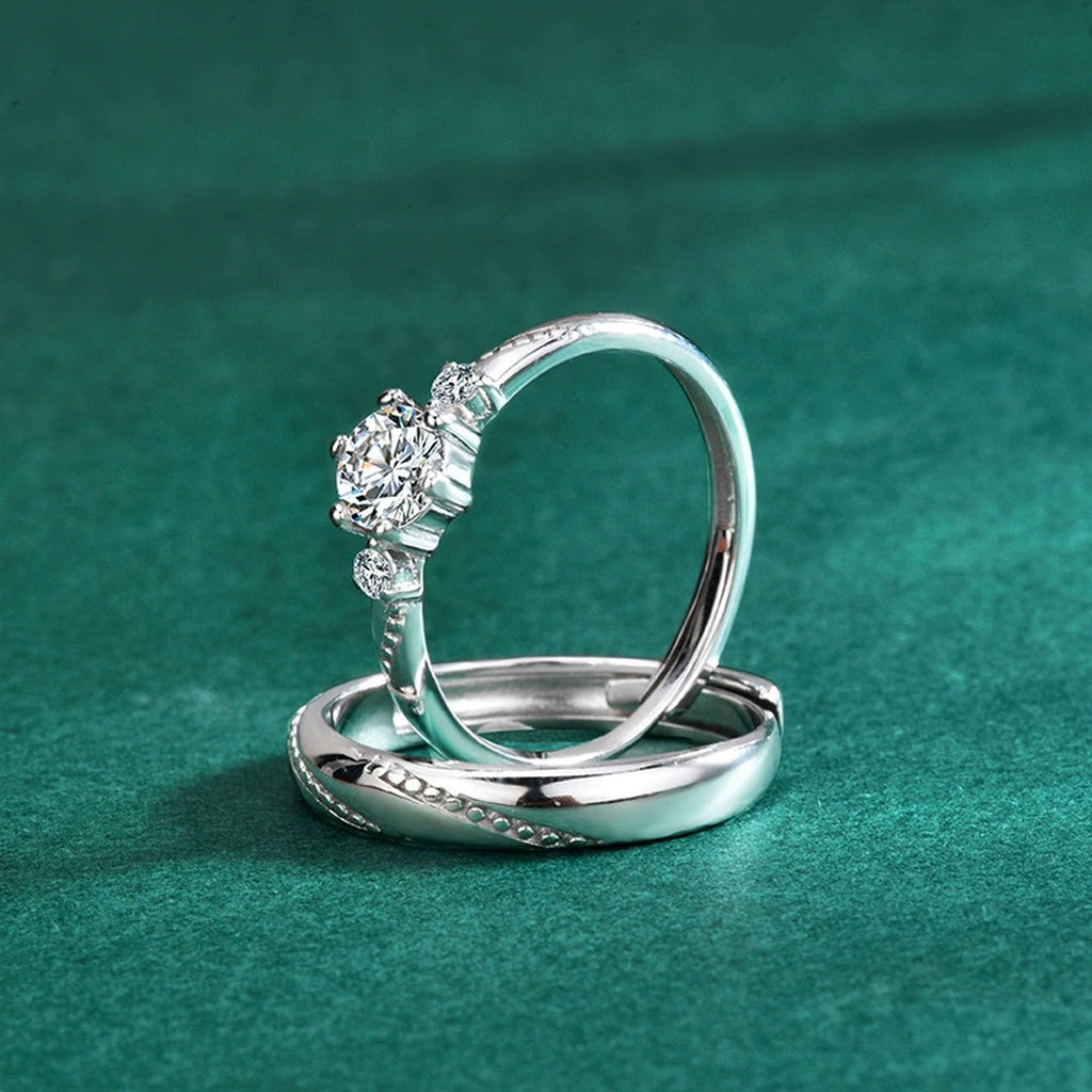 Round Moissanite Couples Wedding Rings product view showing moissanite setting and metal finish