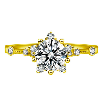 Compass Halo Round Moissanite Adjustable Engagement Ring with CZ in gold-plated S925 sterling silver on clean white background