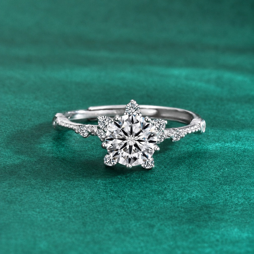 Compass Halo Round Moissanite Adjustable Engagement Ring with CZ product view showing moissanite setting and metal finish